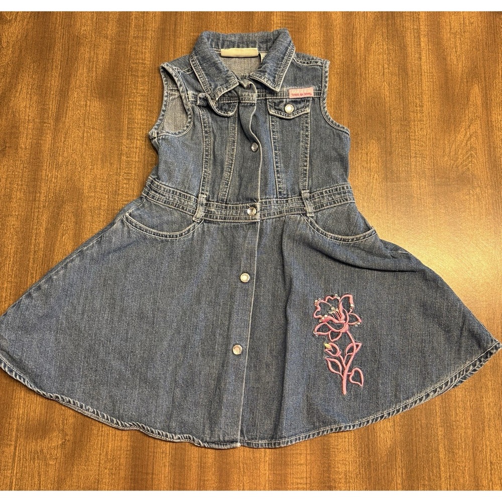 Vintage Carters Watch the Wear Denim Dress Y2K Snaps And Pink Flower Size 4T